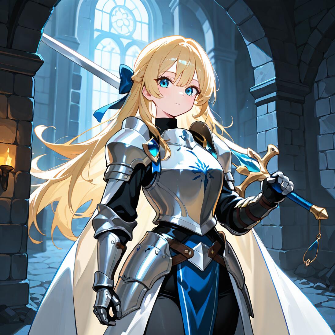 An anime-style illustration of the female knight Teresa du Laurentia with long blonde hair and a blue bow. She wears full silver plate armor and a white cape while holding a large sword inside a stone castle hallway.