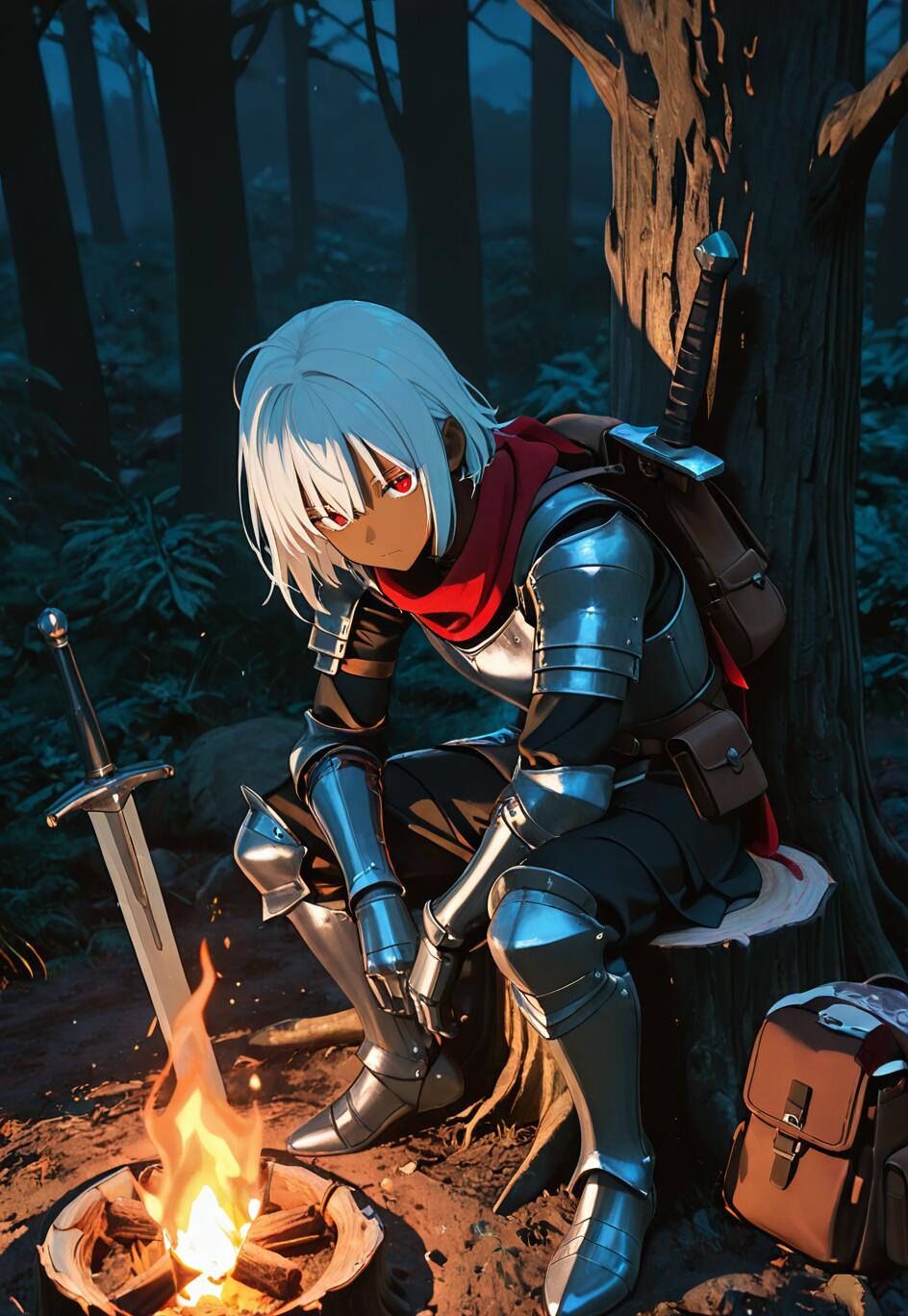 An anime-style knight with white hair, dark skin, and red eyes sitting in full armor by a campfire in a dark forest at night. His sword is stuck in the ground next to the fire.