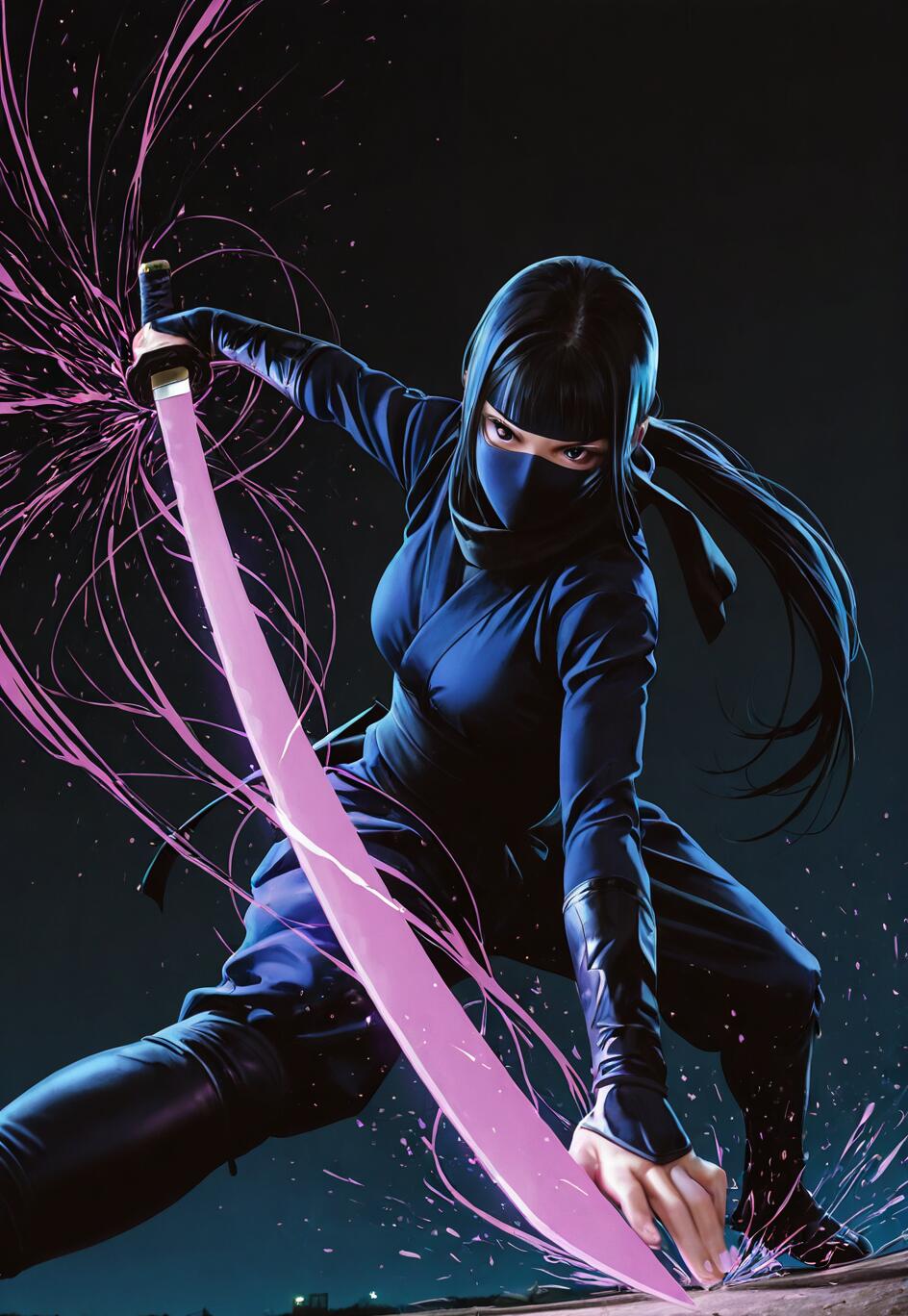 A female ninja in a dark blue outfit and mask crouches in a fighting pose, holding a katana with a glowing purple blade that emits splashes of pink energy against a dark background.