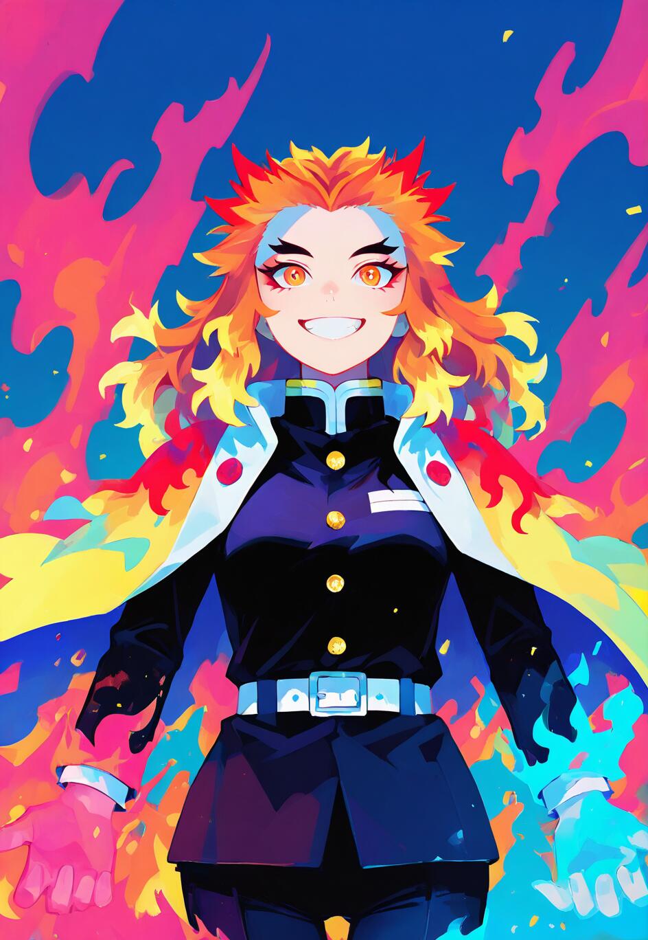 A colorful, stylized illustration of Kyojuro Rengoku from Demon Slayer. He has spiky orange and yellow hair, a wide smile, and is wearing his black Demon Slayer uniform and white flame-patterned cape against a vibrant background of abstract blue and pink flames.