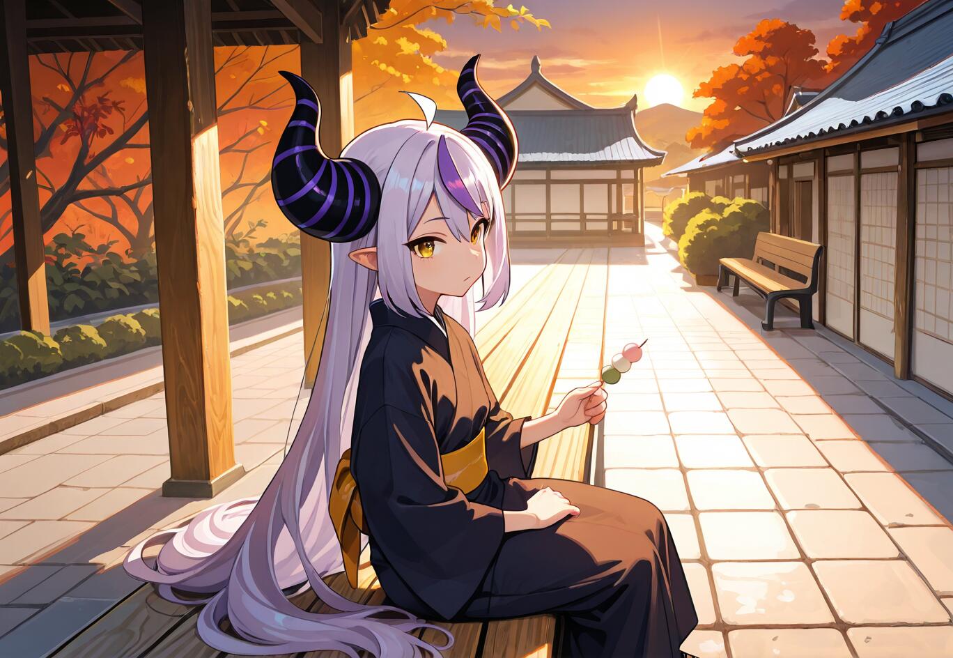 An anime-style illustration of La+ Darknesss from Hololive, a girl with purple hair and large horns, sitting on a wooden veranda in a traditional Japanese setting at sunset, holding a stick of dango.