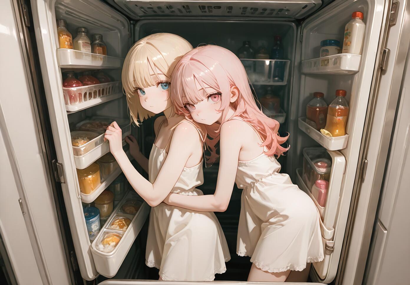 An anime-style illustration of two girls, one with blonde hair and one with pink hair, wearing white dresses and hugging in front of an open, stocked refrigerator.