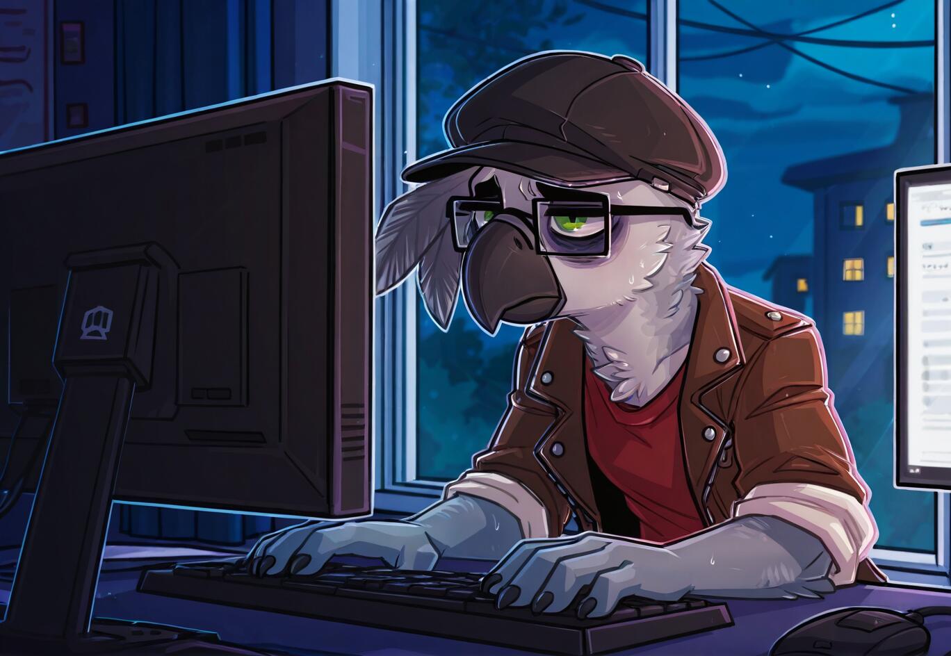 An anthropomorphic grey parrot wearing glasses, a cap, and a leather jacket, sits at a computer desk late at night, looking tired as he types on a keyboard.