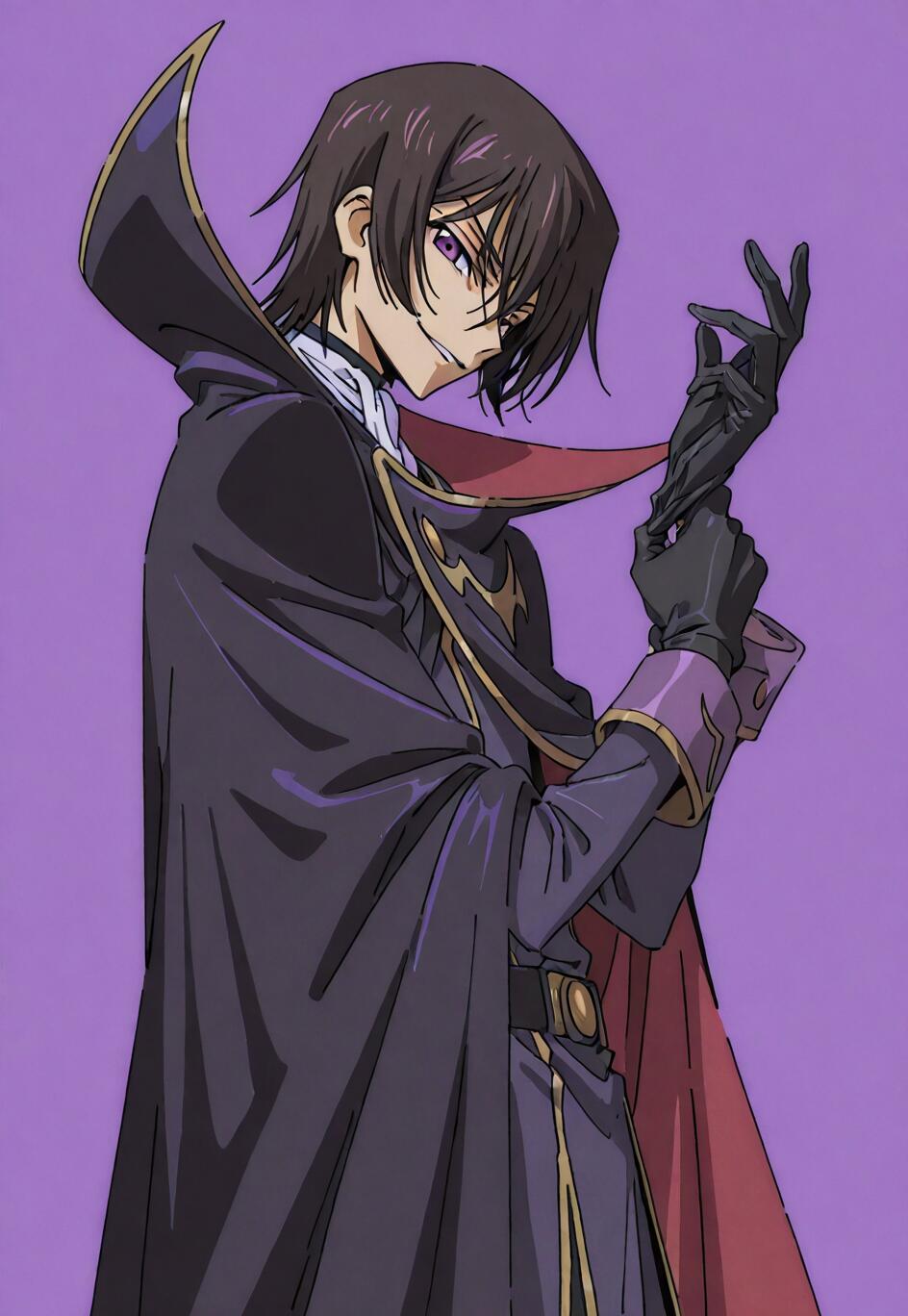 An anime-style illustration of Lelouch Lamperouge from Code Geass as Zero. He has medium-length brown hair and purple eyes, and is wearing his black cloak with a high collar. He is smirking at the camera while pulling on a black glove.