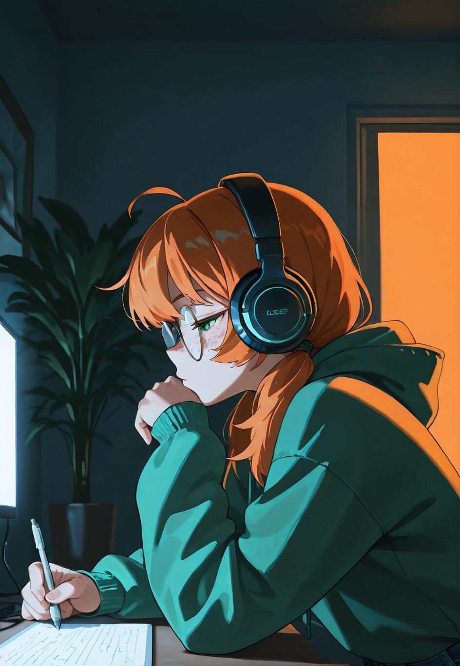 An anime girl with orange hair, glasses, and a green hoodie wears headphones while writing at a desk at night, illuminated by the light of a screen and a warm orange lamp.