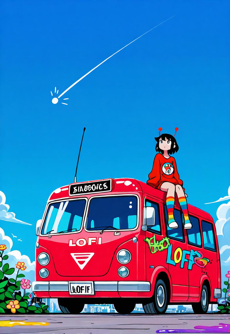An anime-style girl with short black hair and rainbow socks sits on top of a red van, looking up at a shooting star in a bright blue sky.