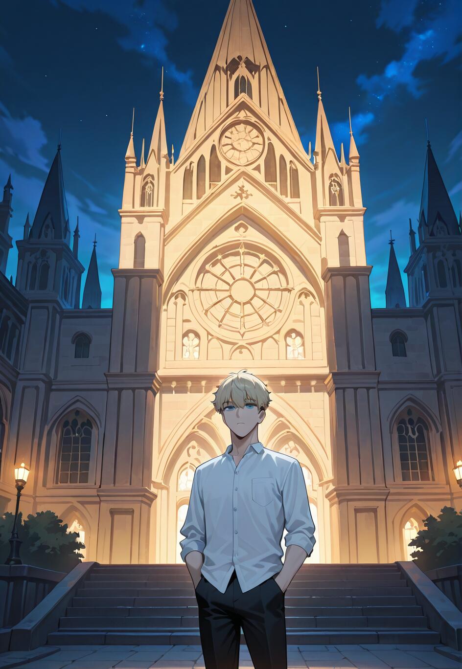 An anime-style illustration of Loid Forger from Spy x Family standing on stone steps in front of a massive, glowing Gothic cathedral at night. He has blonde hair and blue eyes and is wearing a white collared shirt and black pants with his hands in his pockets, looking towards the viewer.