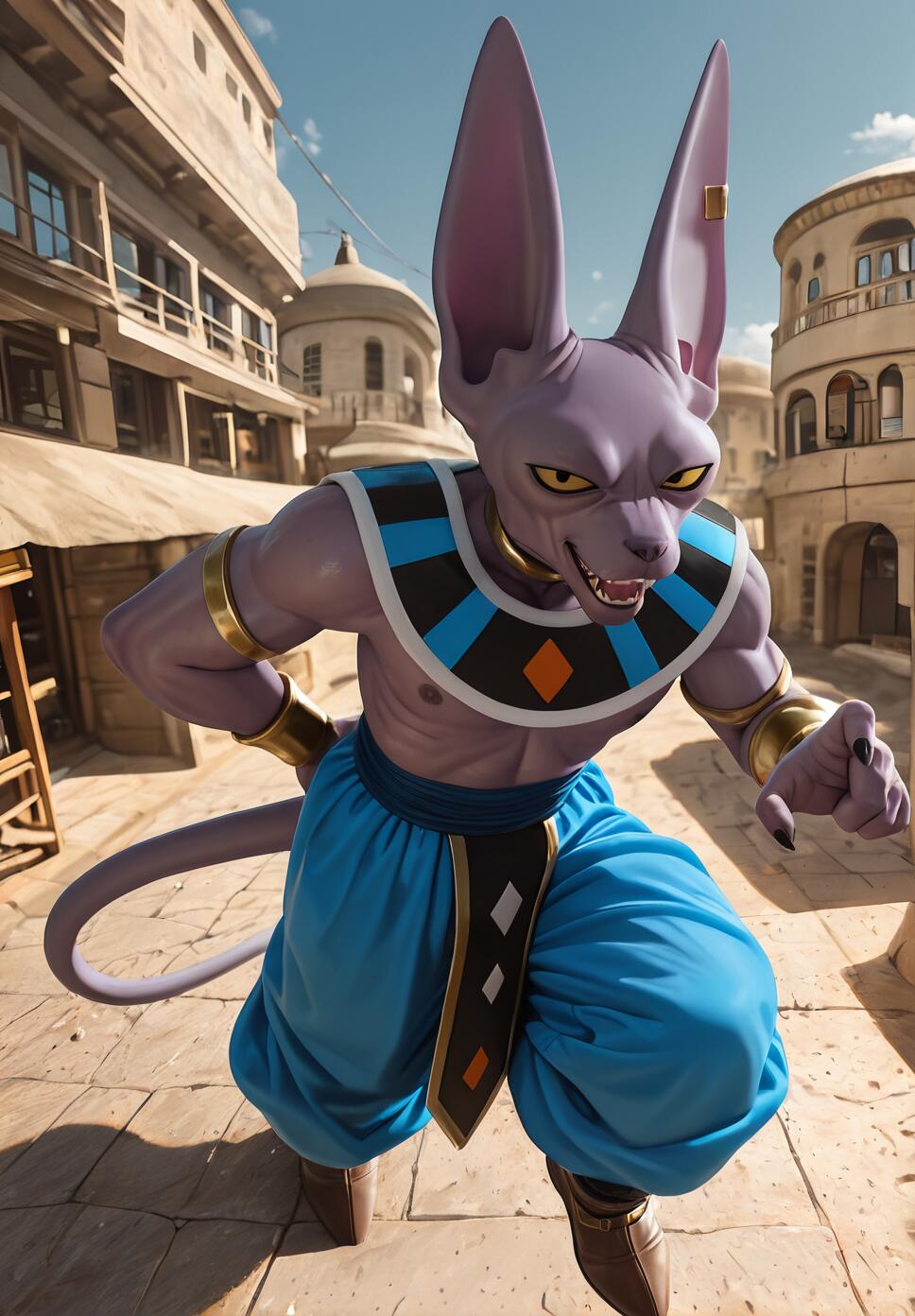 A full-body, realistic depiction of Beerus from Dragon Ball Super, a purple cat-like humanoid, in a dynamic pose in an ancient city, leaning forward and pointing at the viewer.