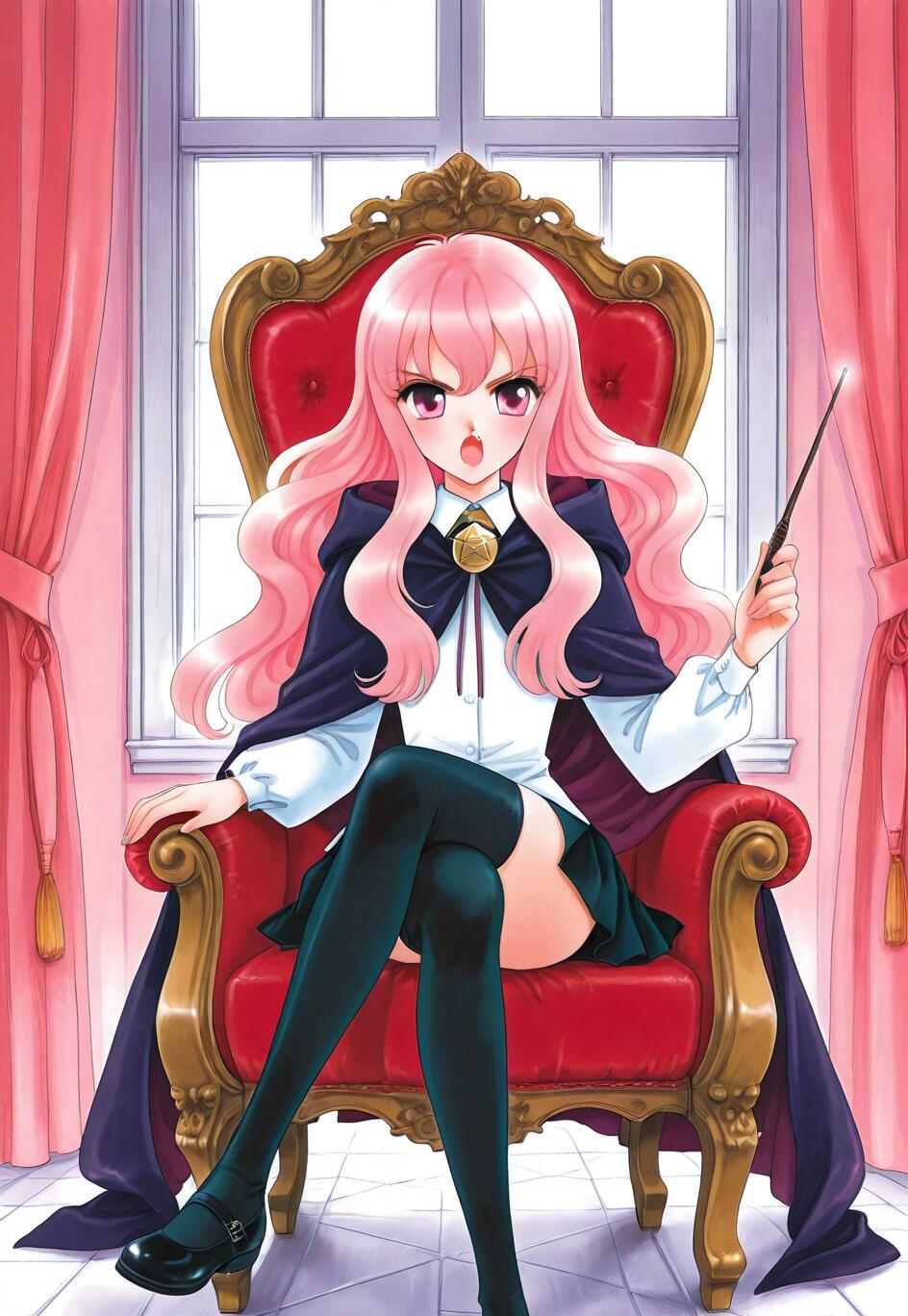 An anime illustration of Louise from The Familiar of Zero, a young girl with long pink hair and a magic wand, sitting on an ornate red throne in front of a window.