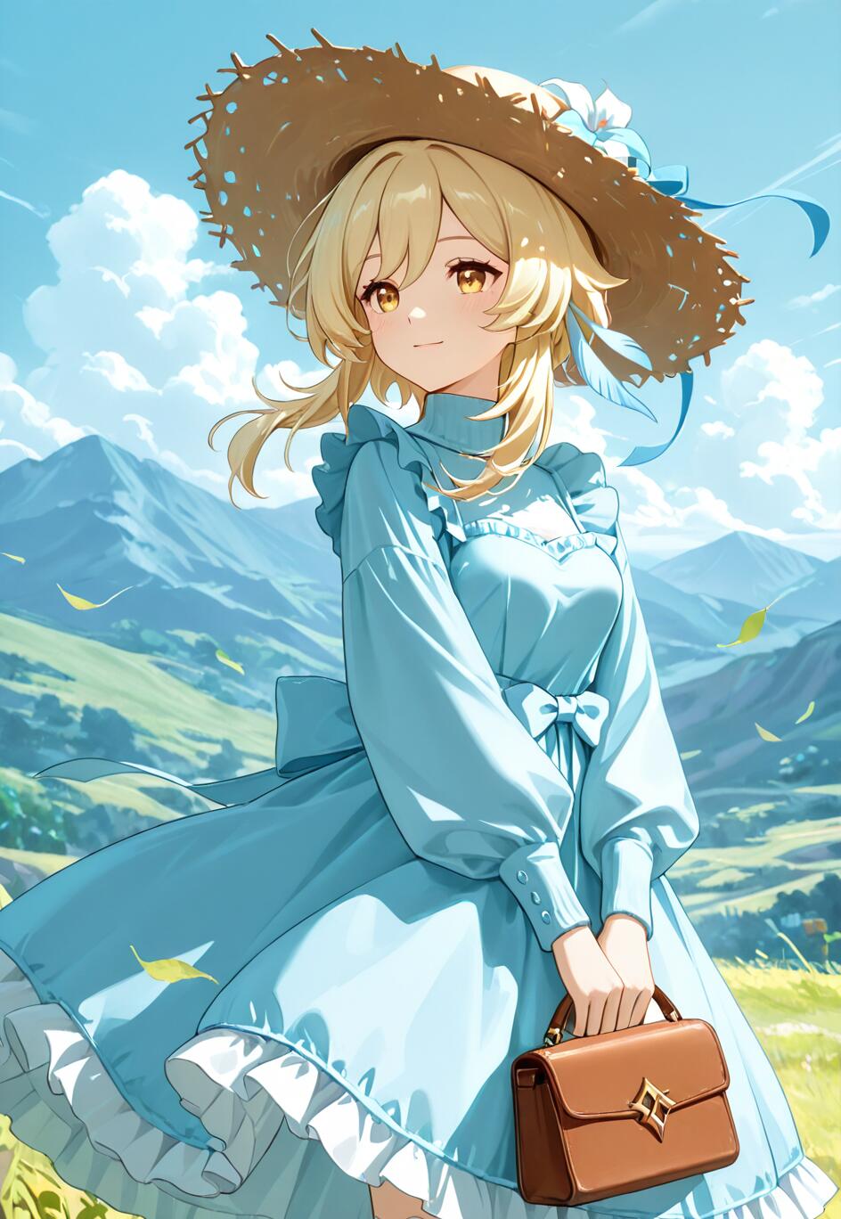 An anime girl with short blonde hair and golden eyes, identified as Lumine from Genshin Impact, stands in a grassy field. She is wearing a light blue prairie dress and a straw hat, and holds a brown handbag. In the background are green mountains and a blue sky.
