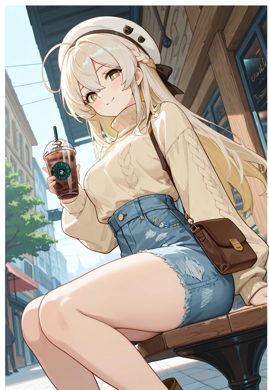 Lumine from Genshin Impact, a beautiful anime girl with long blonde hair, sitting on a city bench in a casual outfit with a sweater and denim shorts, smiling while holding an iced coffee.