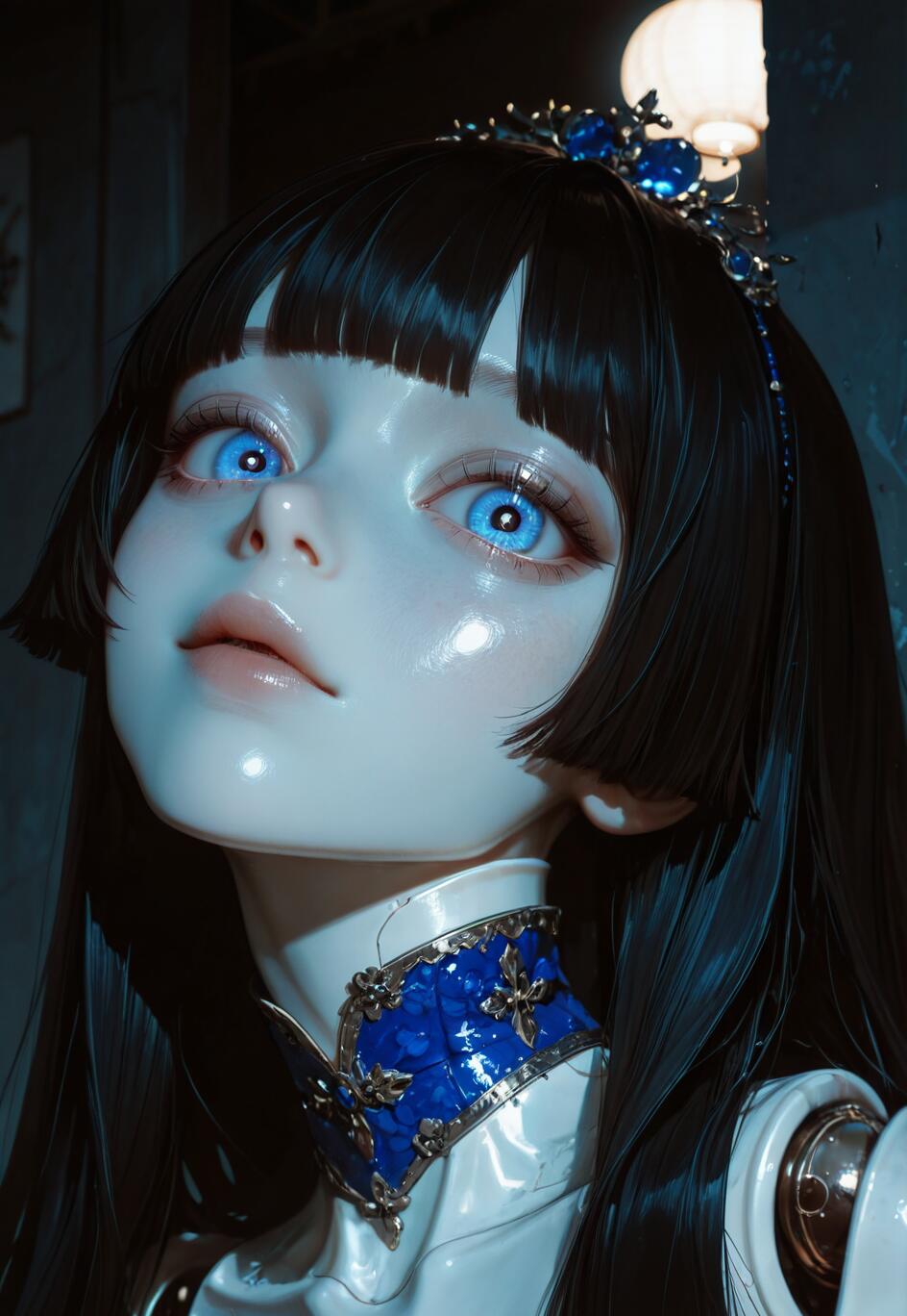 A close-up portrait of an android resembling a porcelain doll, featuring pale skin, long black hair in a hime cut, and large, bright blue eyes. She wears a blue jeweled tiara and an ornate blue collar, looking up in a dark, softly lit room.