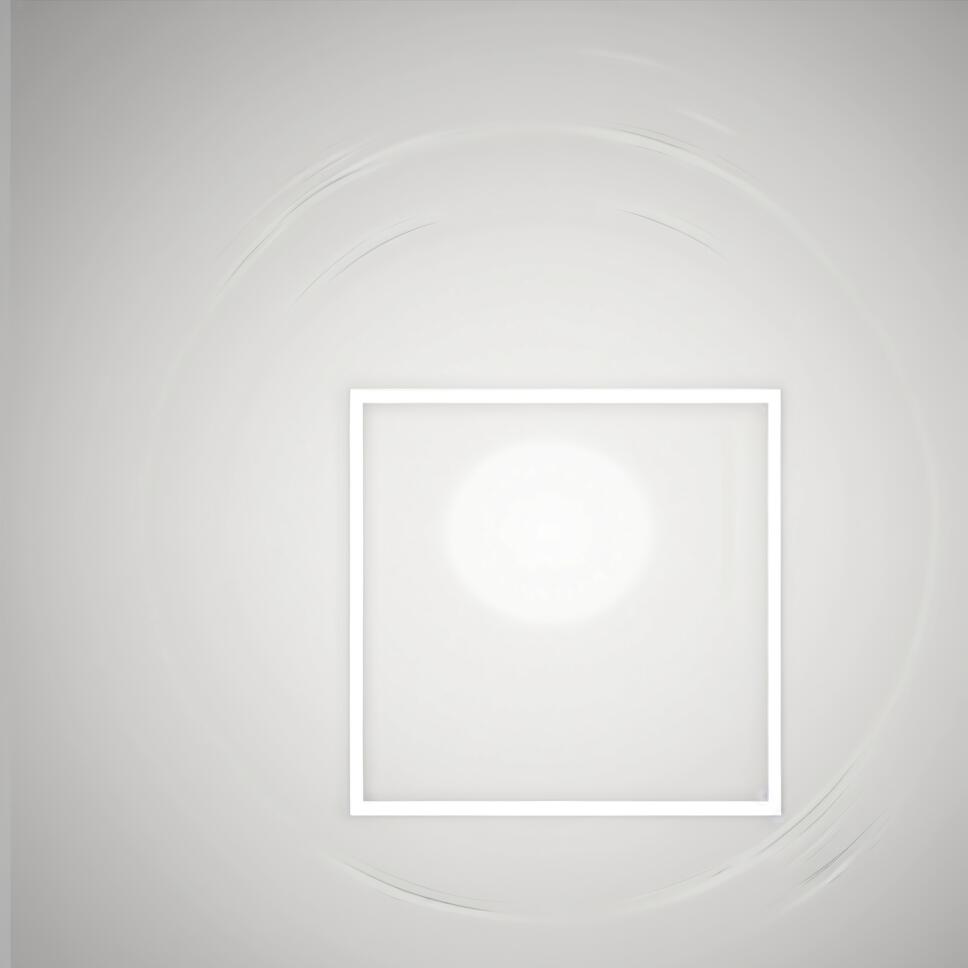 A minimalist abstract image with a thin white square frame on a light gray background. A glowing white circle shines from within the square, and faint circular textures surround the frame.