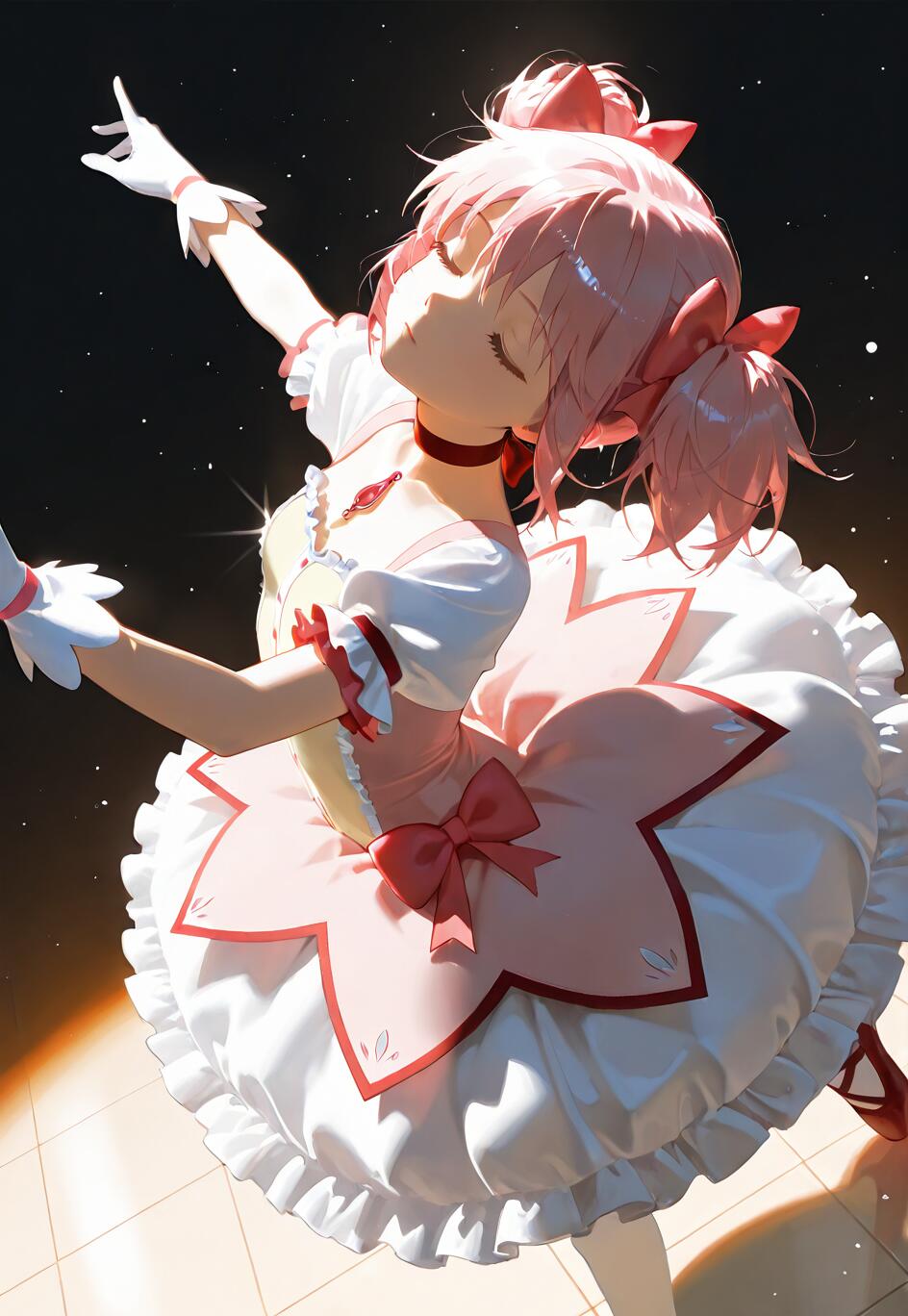 Madoka Kaname from Puella Magi Madoka Magica in a pink and white ballerina-style dress, dancing gracefully under a spotlight against a starry background with her eyes closed.