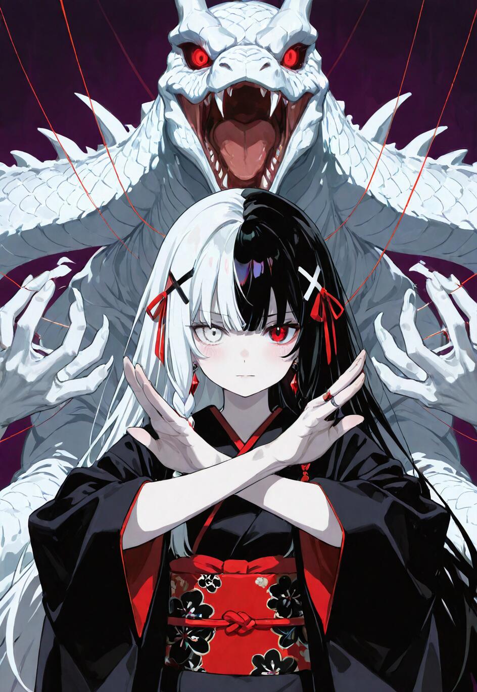 An anime girl with half-black, half-white hair and mismatched red and white eyes, wearing a black kimono and crossing her arms. Behind her is a giant, roaring white serpent with glowing red eyes.
