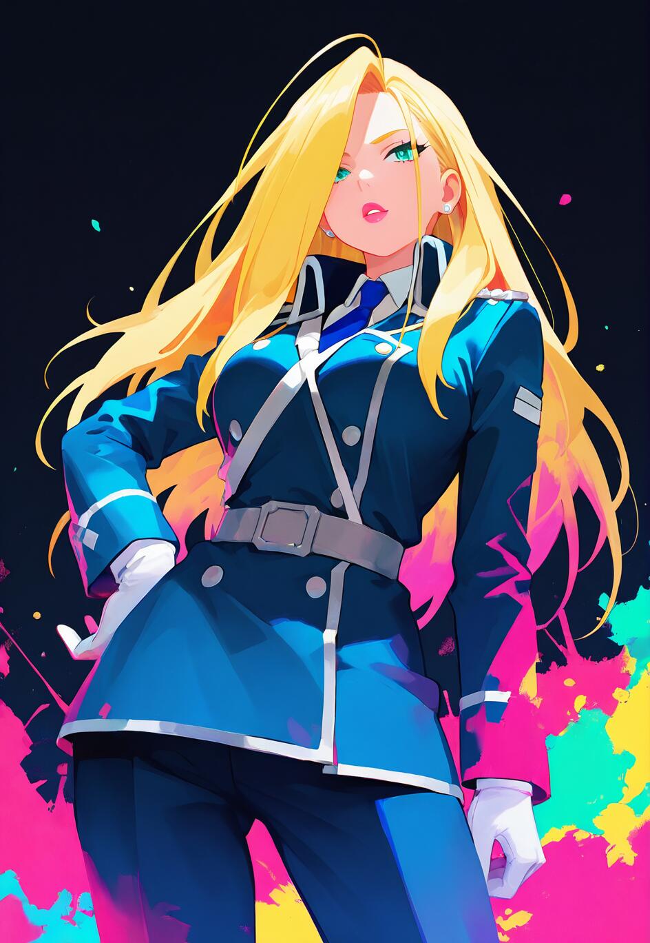 An anime-style illustration of Olivier Mira Armstrong from Fullmetal Alchemist. She is a woman with long blonde hair and green eyes, wearing a blue military uniform. She stands in a powerful pose with her hand on her hip, looking down at the viewer against a dark background with colorful paint splatters.