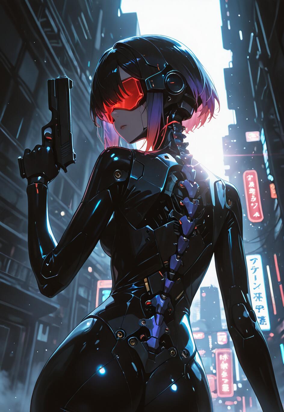 An anime-style illustration of the cyborg Motoko Kusanagi from Ghost in the Shell. She has short purple hair, a red visor, and is wearing a black cybernetic suit with an exposed mechanical spine. She holds a handgun, looking over her shoulder in a futuristic city at night filled with neon signs.