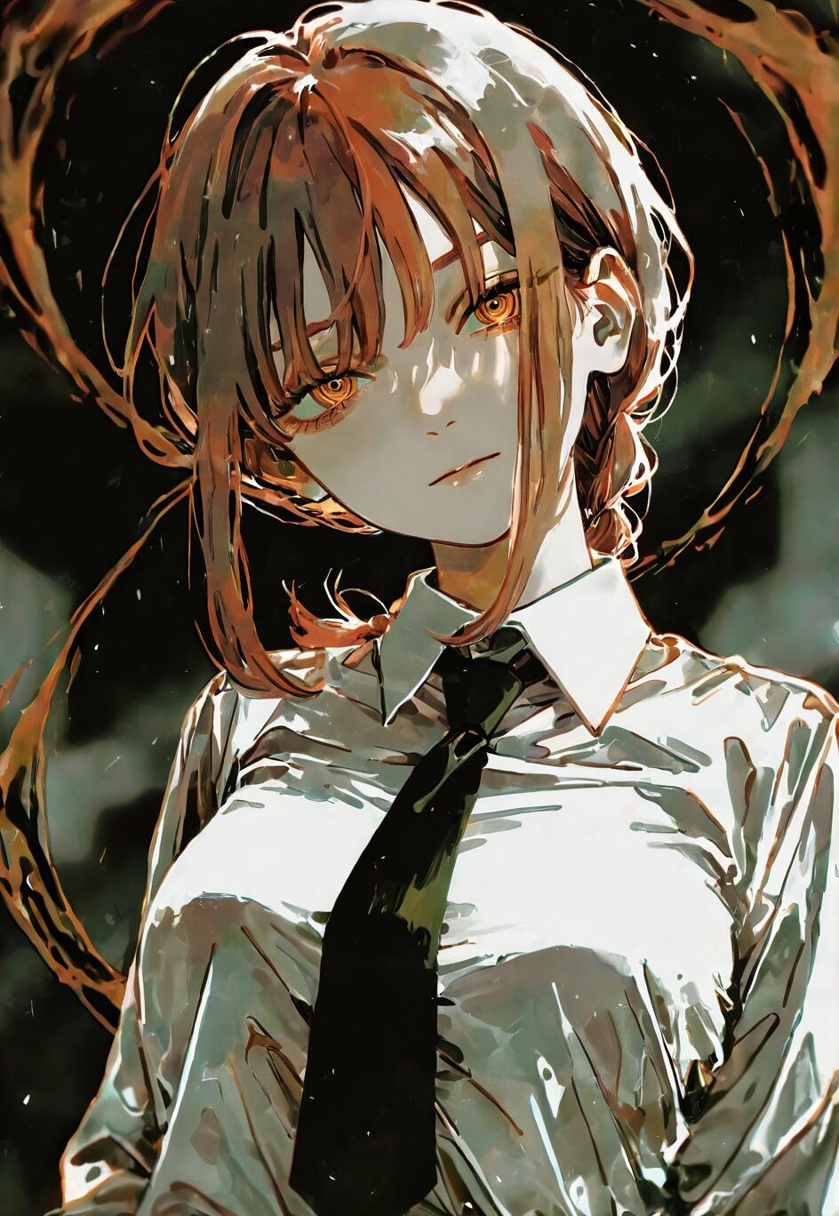 A digital painting of Makima from Chainsaw Man, a young woman with light-red hair and glowing golden eyes. She is wearing a white shirt and black tie, looking at the viewer with a serious expression against a dark background with a swirling orange aura.