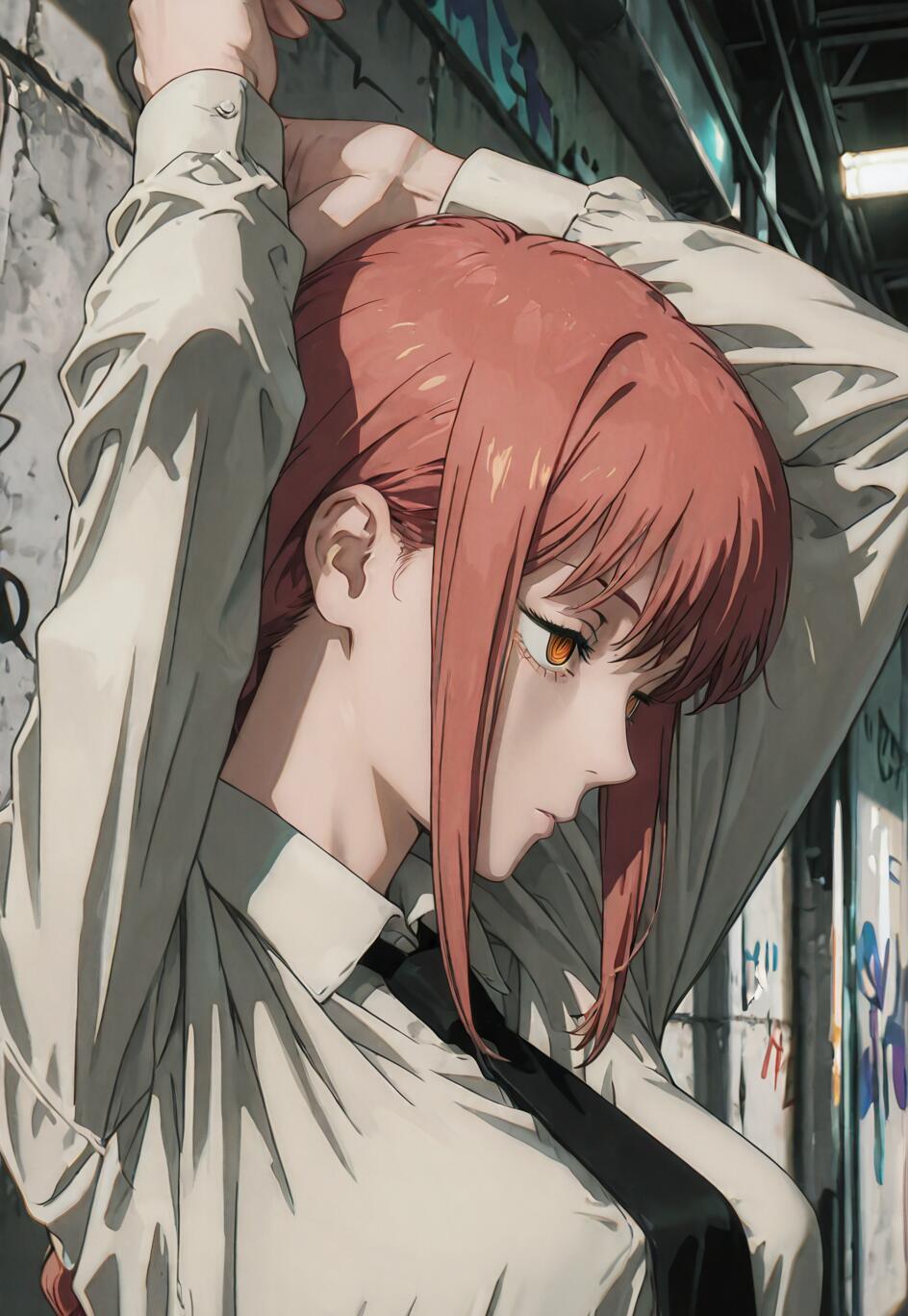 An anime-style illustration of Makima from Chainsaw Man, a woman with pinkish-red hair and yellow ringed eyes, in profile. She is wearing a white shirt and black tie, stretching with her arms up against a wall covered in graffiti.