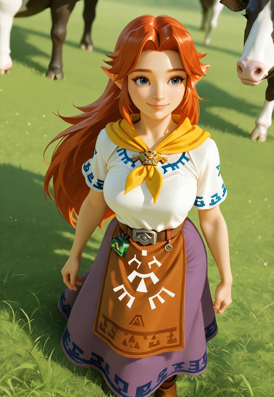 A 3D render of Malon from The Legend of Zelda, a young woman with long red hair and pointed ears, smiling in a green pasture with cows.