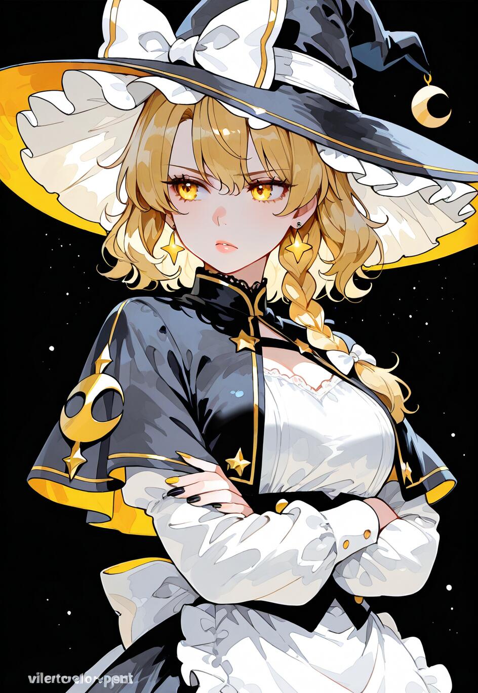An anime-style artwork of Marisa Kirisame from Touhou Project. A blonde witch with glowing yellow eyes, she is wearing a large black hat with a white bow and a black and white dress, standing with her arms crossed against a black, starry background.
