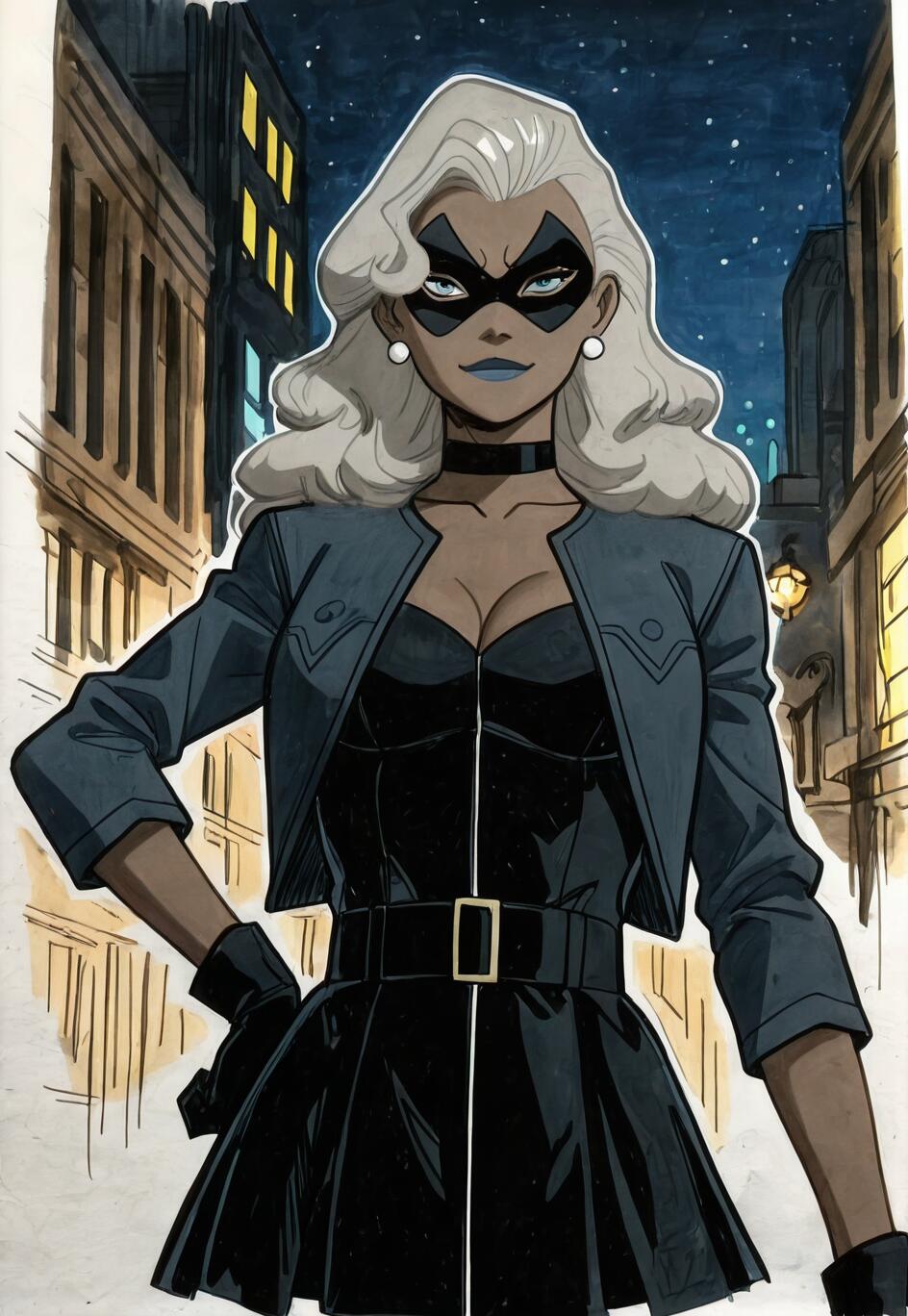 A comic book style illustration of a dark-skinned woman as Marvel's Black Cat, featuring white hair, a black mask, and a black outfit. She is smirking and posing with a hand on her hip on a city street at night.