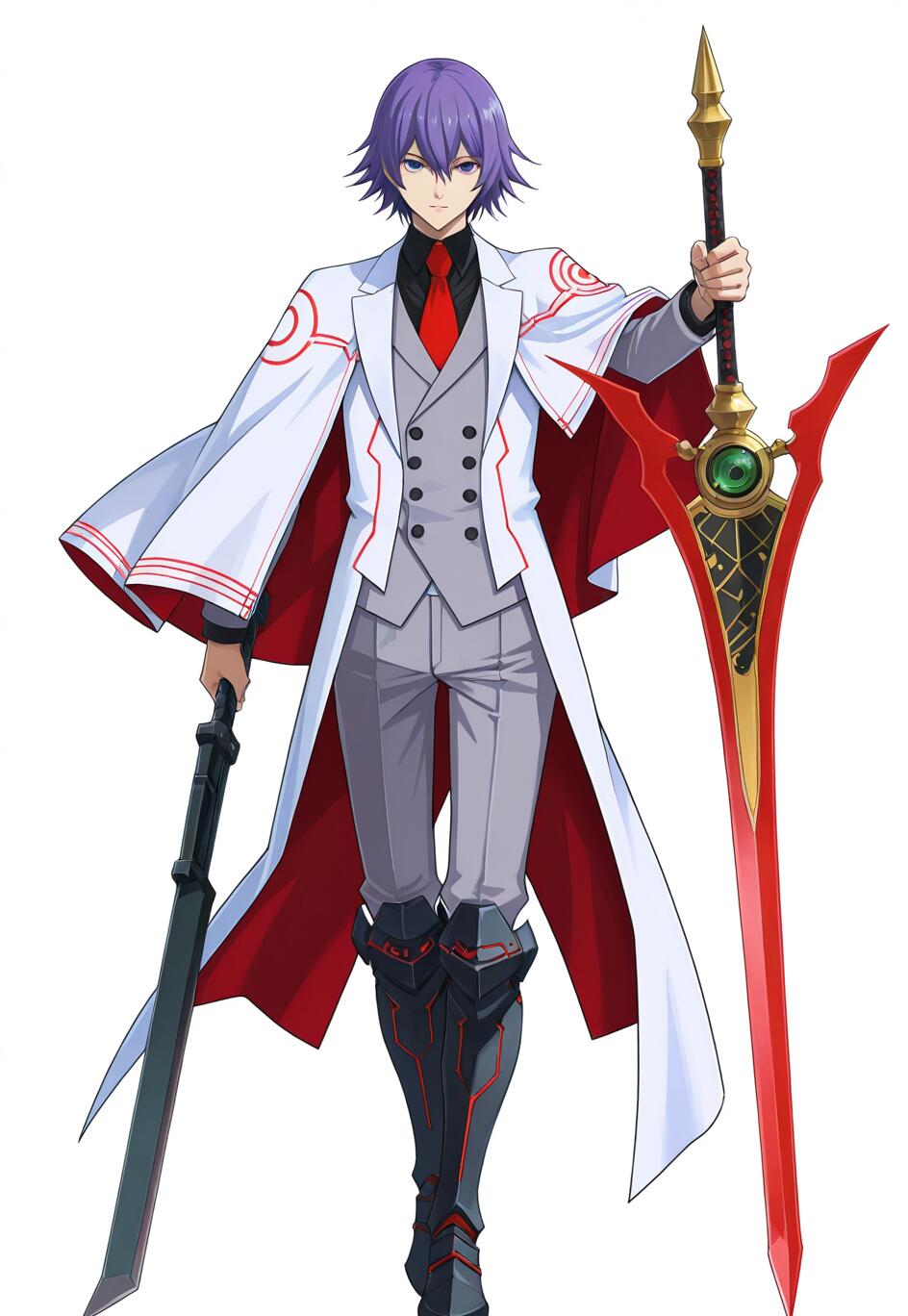 Full-body artwork of the video game character Mcburn from Trails of Cold Steel. The purple-haired man wears a white overcoat and grey suit, holding a large red and gold sword and a black scabbard against a plain white background.