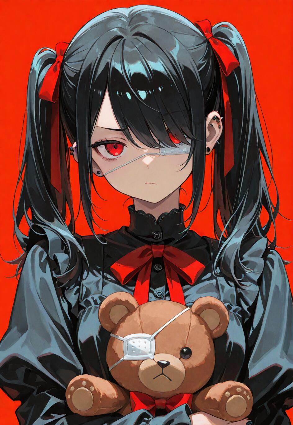 An anime girl with black twintails, red eyes, and an eyepatch, identified as Mei Misaki from 'Another', holding a teddy bear that also has an eyepatch, against a red background.