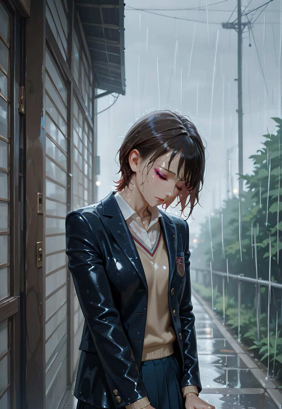 A digital illustration of a young woman with short dark hair, wearing a wet Japanese school uniform, standing with her eyes closed in the pouring rain. She has a sad, downward-looking expression.