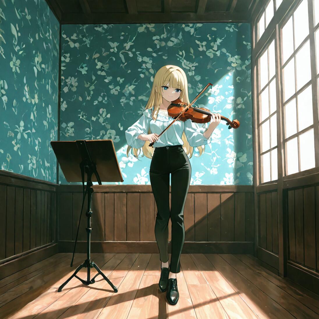 An anime girl with long blonde hair and blue eyes playing the violin in a room with blue floral wallpaper, with sunlight streaming in from a large window.