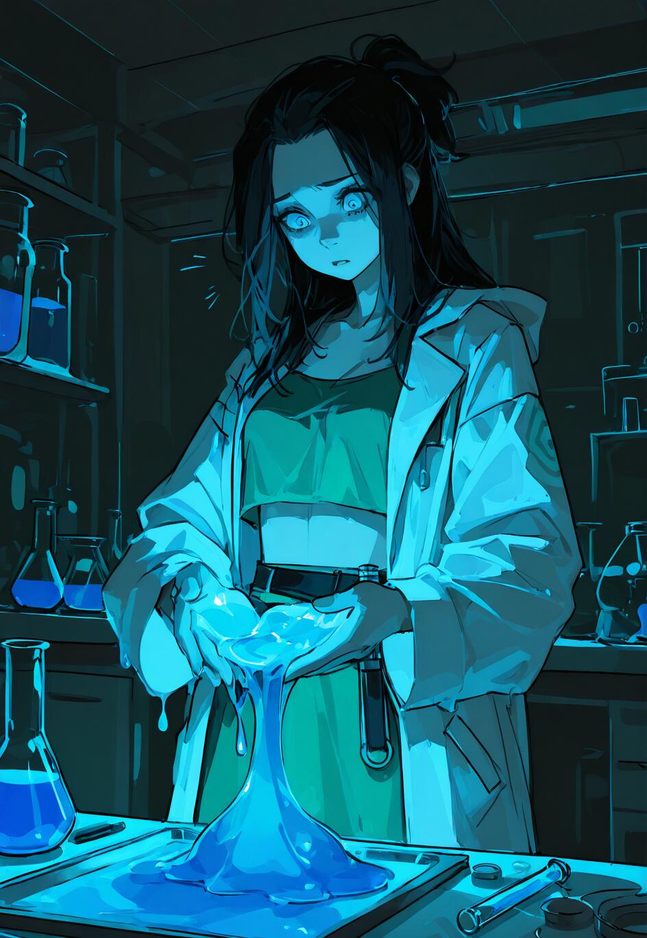 An anime-style illustration of a young, dark-haired woman in a lab coat looking in horror at a glowing blue slime she is holding in her hands within a dark chemical laboratory.