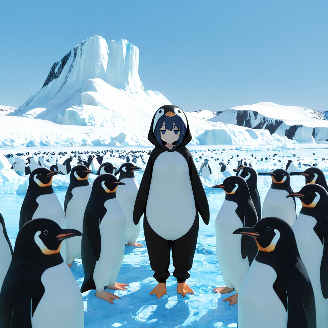 An anime girl with dark blue hair, identified as Meltryllis from Fate/Grand Order, stands in the middle of a penguin colony in Antarctica. She wears a full-body penguin costume and has an unamused expression, while real penguins gather around her on the ice in front of a large iceberg.