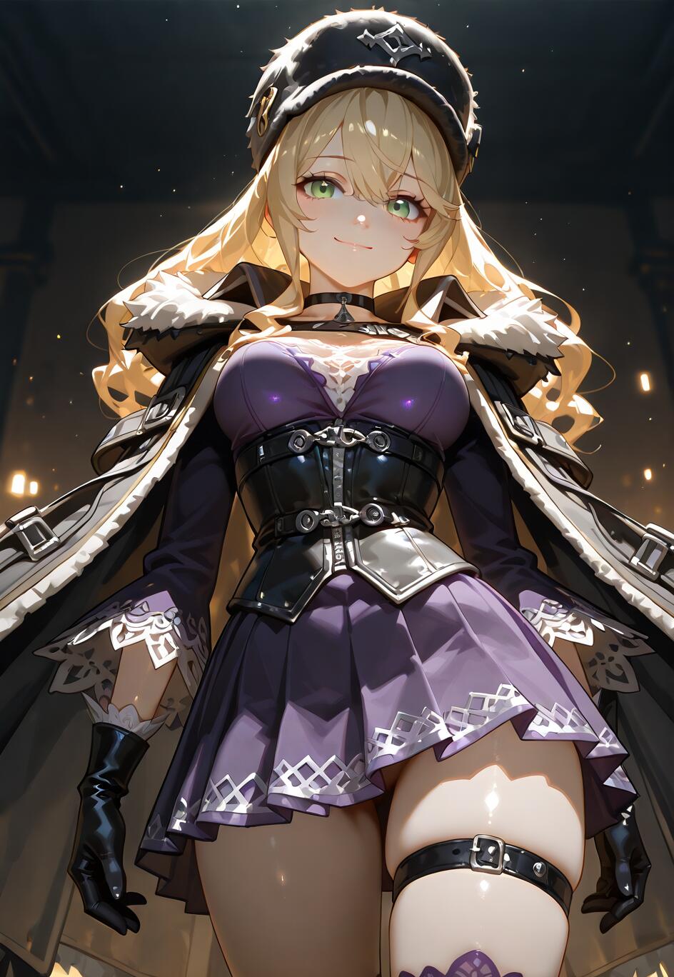 A full-body illustration of Mia Karnstein from Code Vein, a blonde woman with green eyes, smiling down at the viewer. She wears a purple dress, a black leather corset, a heavy black coat with fur trim, and a black fur hat.