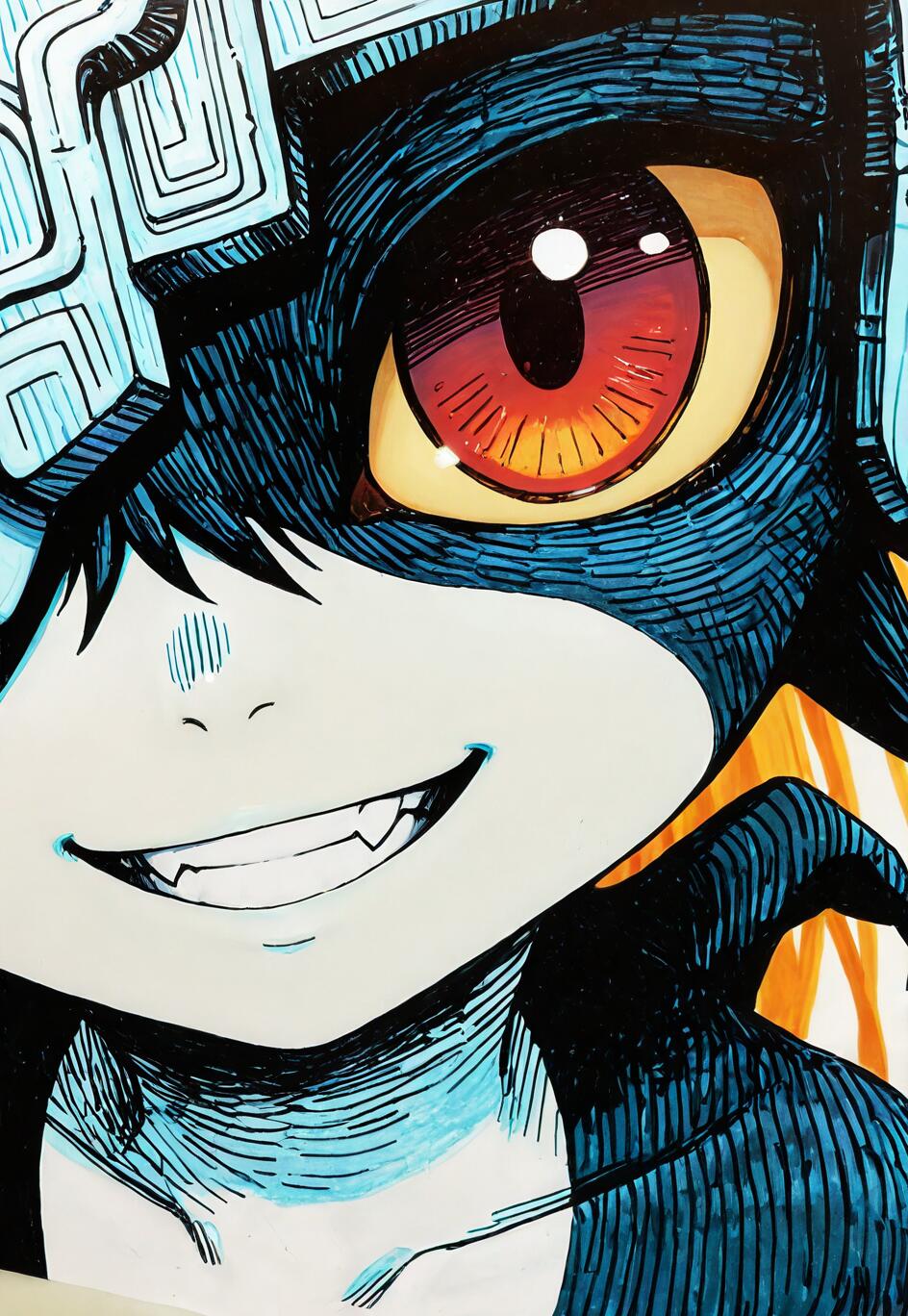 A close-up, stylized color sketch of Midna from The Legend of Zelda: Twilight Princess. She is looking at the viewer with a wide, toothy grin and her large, vibrant red and orange eye is the main focus. The artwork features heavy blue and black linear hatching.
