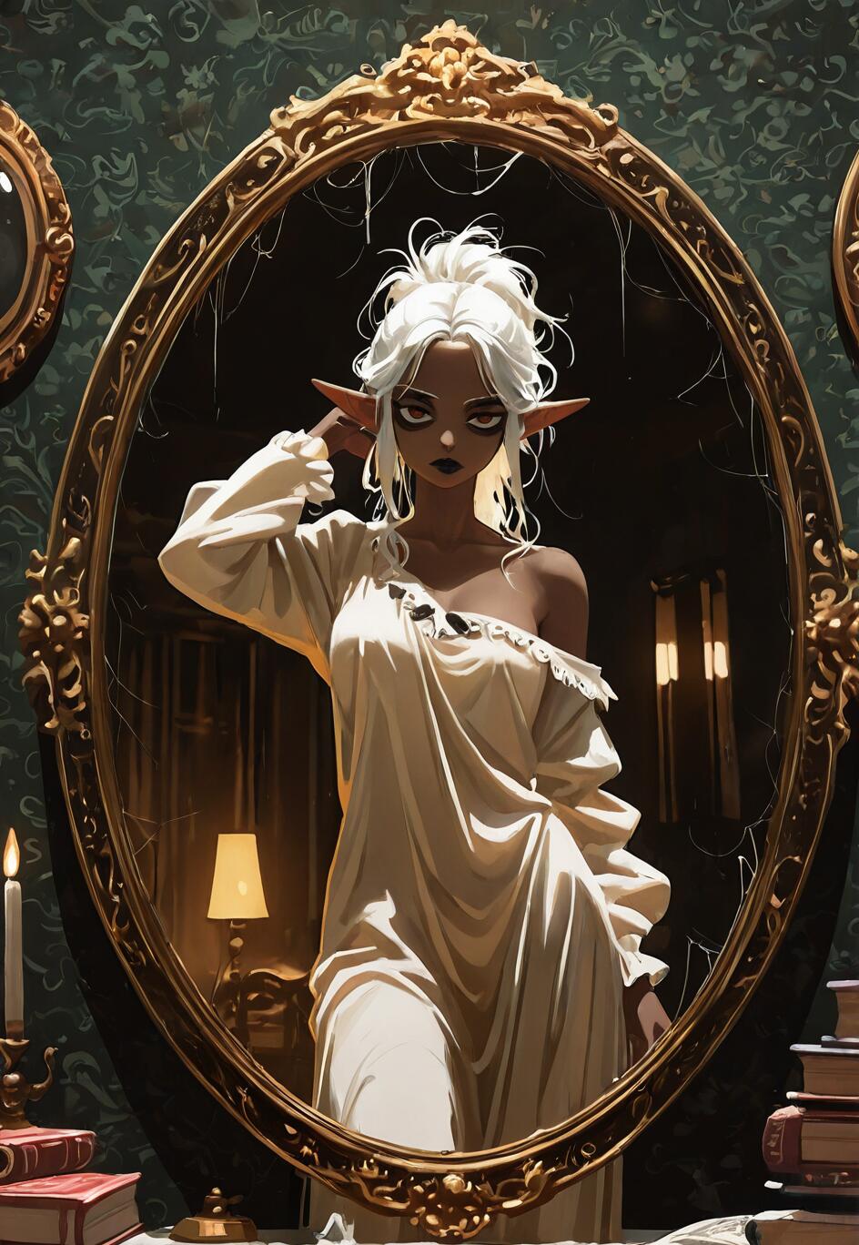 A digital illustration of a dark-skinned elf with messy white hair looking into an ornate, gold-framed mirror. She wears a white nightgown and stands in a dimly lit room with books and a candle.