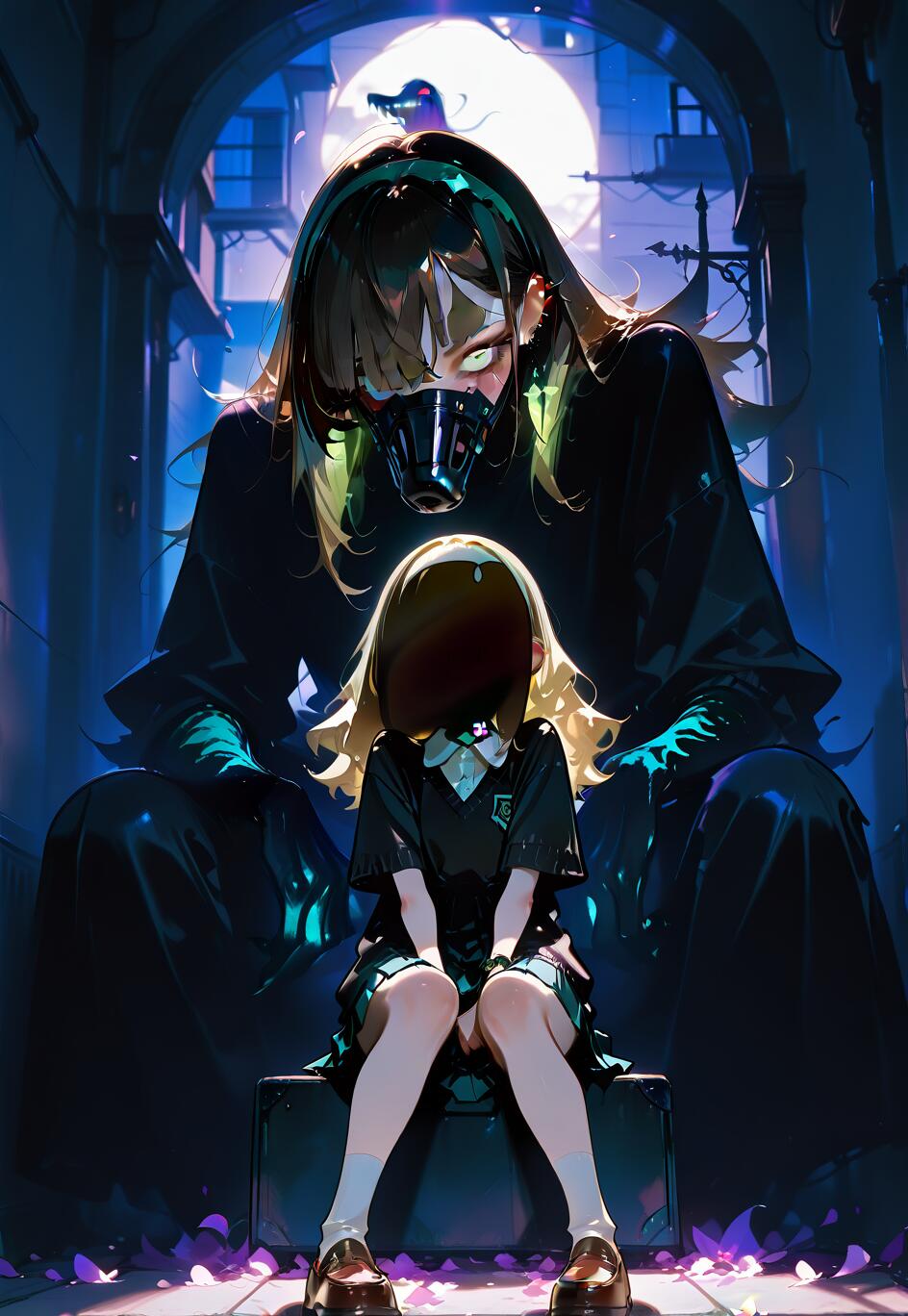 A digital illustration of a small blonde girl in a school uniform sitting on a case in a dark alley, with a large, menacing figure wearing a muzzle and having glowing green eyes protectively standing behind her under a full moon.