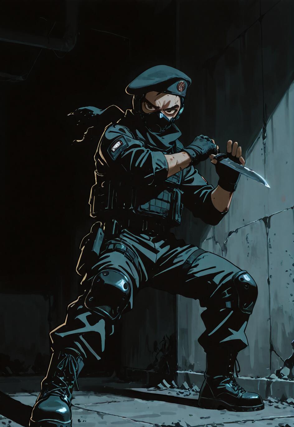 An anime-style illustration of a male special forces soldier in a black uniform, beret, and face mask, crouching in a dark hallway while holding a combat knife in a ready stance.