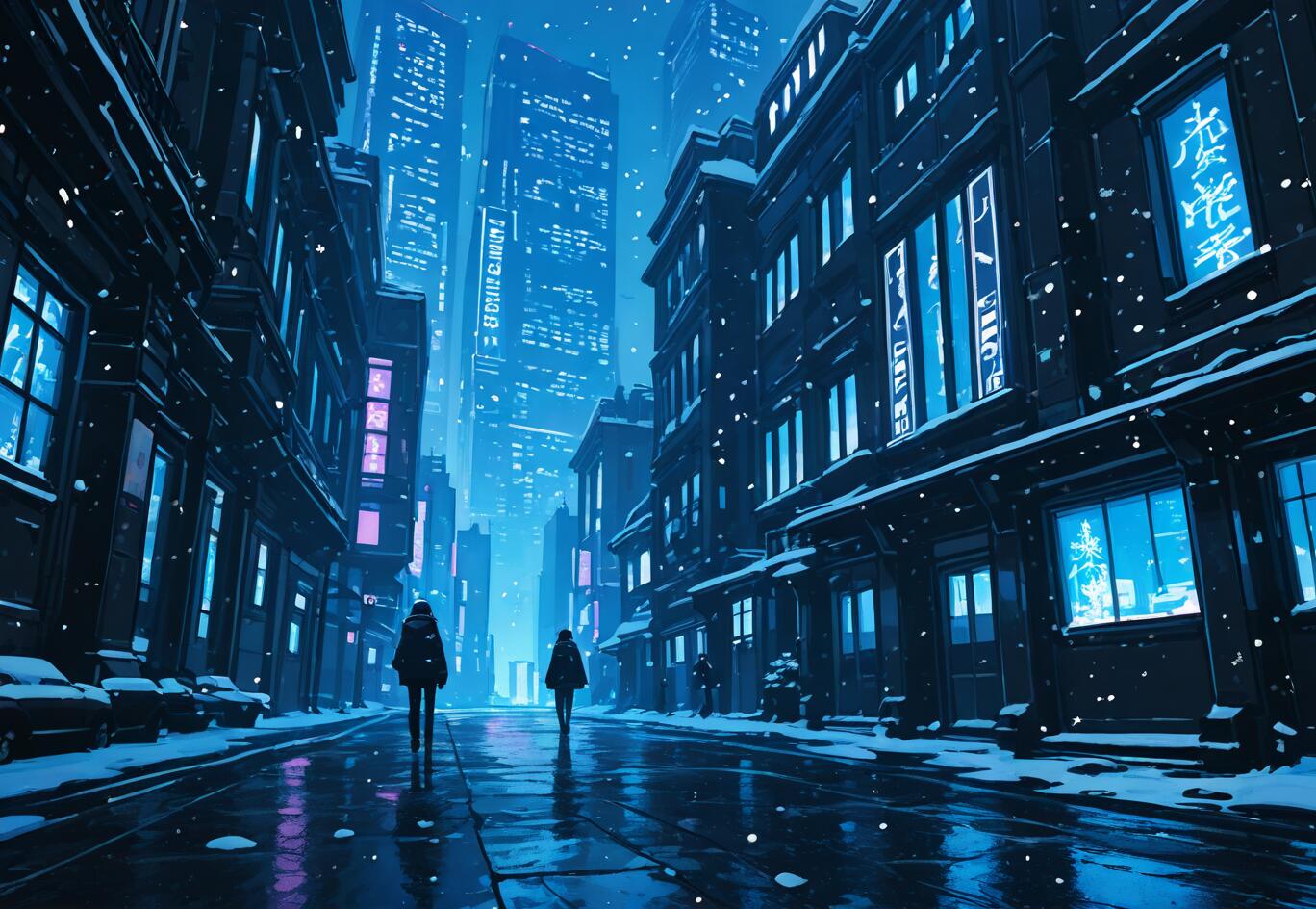 A digital painting of a snowy, futuristic city street at night. Two people in winter coats are walking away from the viewer down a wet road flanked by buildings with glowing blue and purple neon signs.