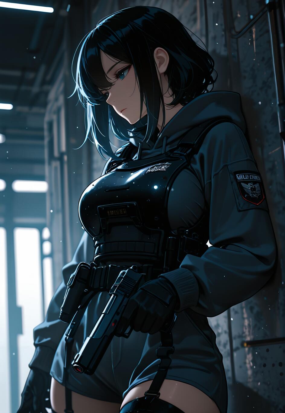 An anime-style woman with short black hair in tactical gear holding a pistol, standing in a dark, blue-lit industrial hallway.