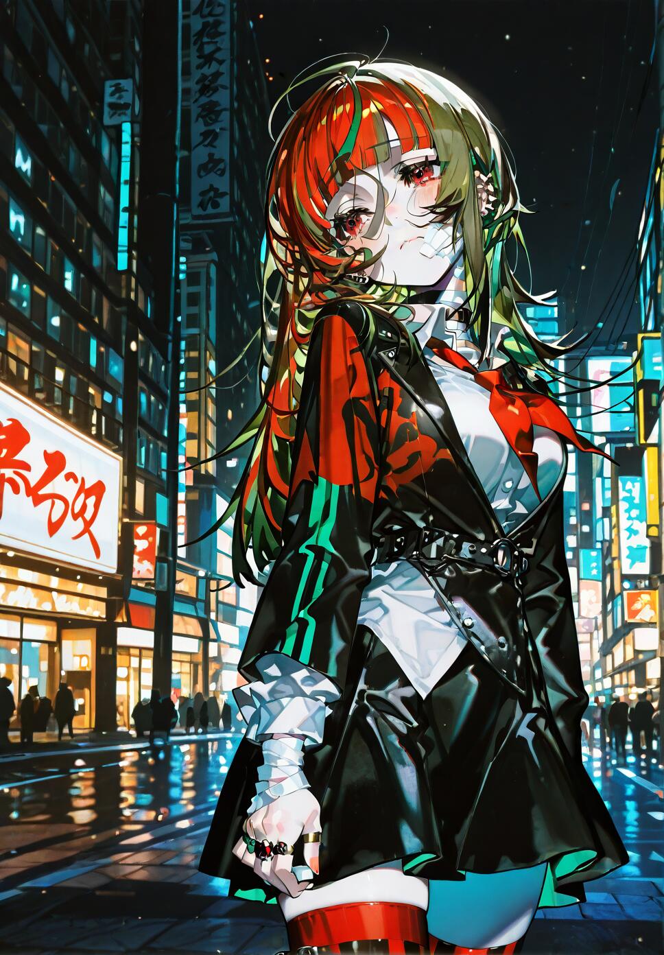An anime girl, Mika Jougasaki, with red and green hair and red eyes, stands on a neon-lit city street at night, wearing a black punk-style jacket and skirt.
