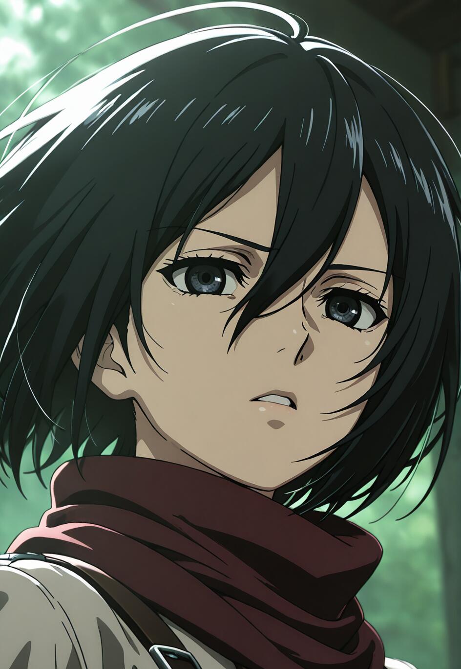A detailed anime portrait of Mikasa Ackerman from Attack on Titan. She has short black hair, grey eyes, and a determined expression. She is wearing her signature red scarf around her neck.