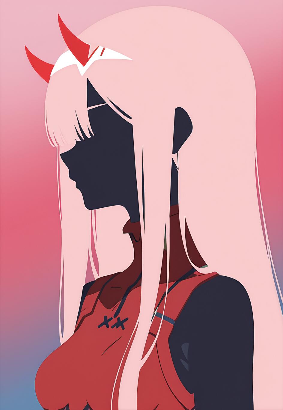 A minimalist side-profile illustration of the anime character Zero Two. She has long pink hair, red horns, and a red suit. Her face and body are a dark silhouette against a pink and blue gradient background.