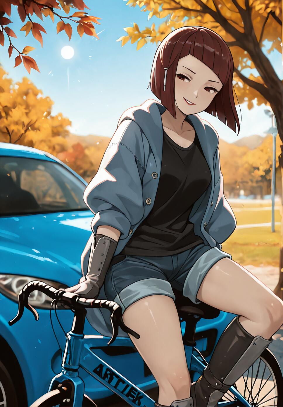 An anime girl with short dark red hair, identified as Miriel from Fire Emblem Awakening, smiling as she sits on a blue bicycle. She is wearing a blue hoodie and shorts in a sunny autumn park with a blue car and fall foliage behind her.