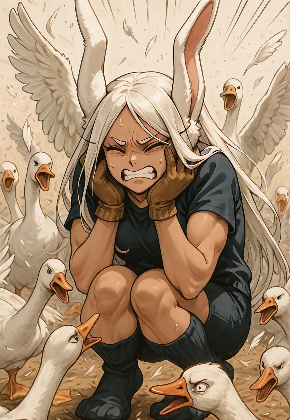 An anime-style illustration of the character Mirko from My Hero Academia, a muscular woman with long white hair and rabbit ears, cowering on the ground. She is surrounded by a flock of aggressive, honking white geese and covers her ears with a distressed expression.