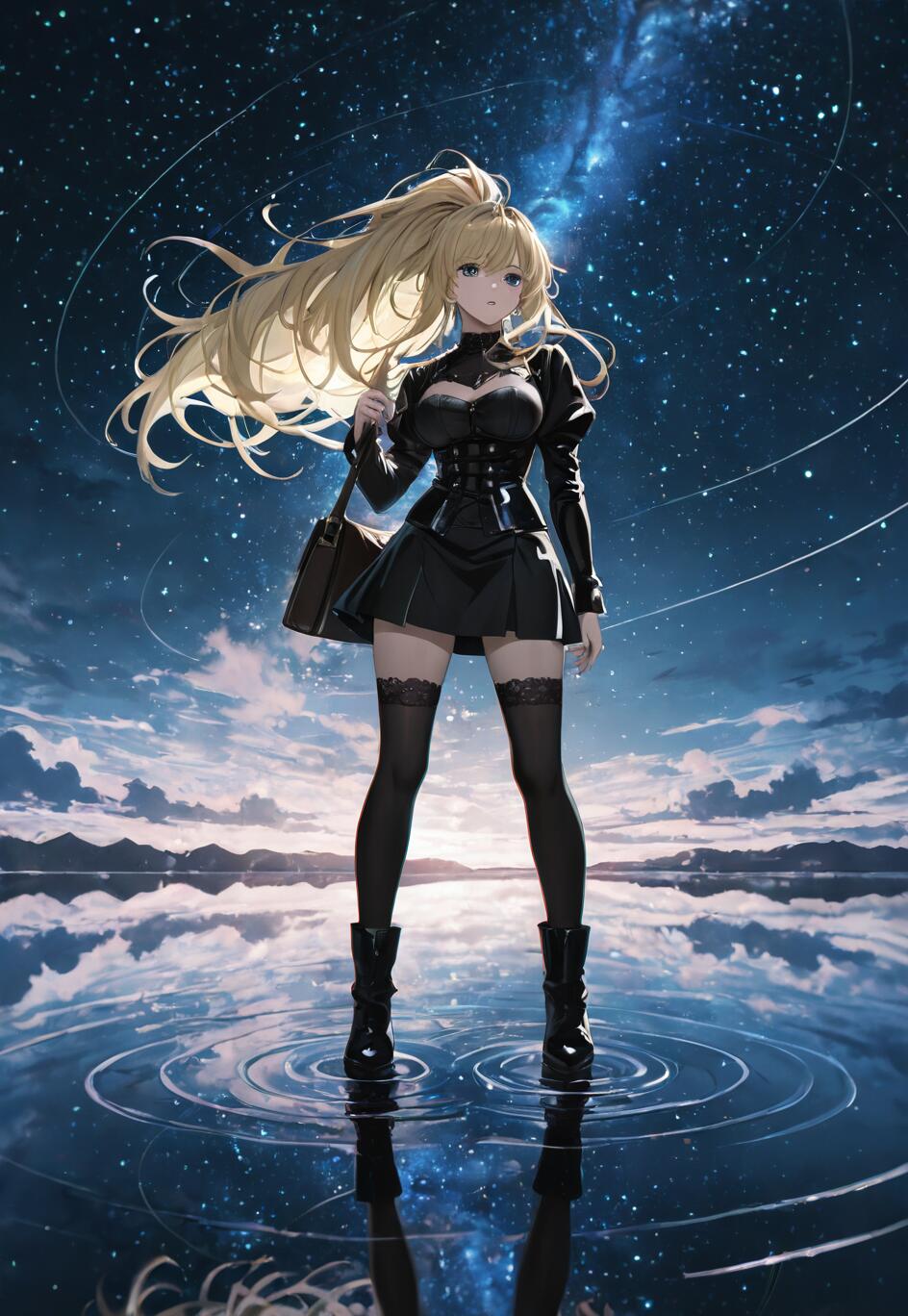 Misa Amane from Death Note, a young woman with long blonde hair in a ponytail, stands in shallow water under a vibrant starry night sky. She is wearing a black gothic-style outfit, and the galaxy above is perfectly reflected in the water at her feet.