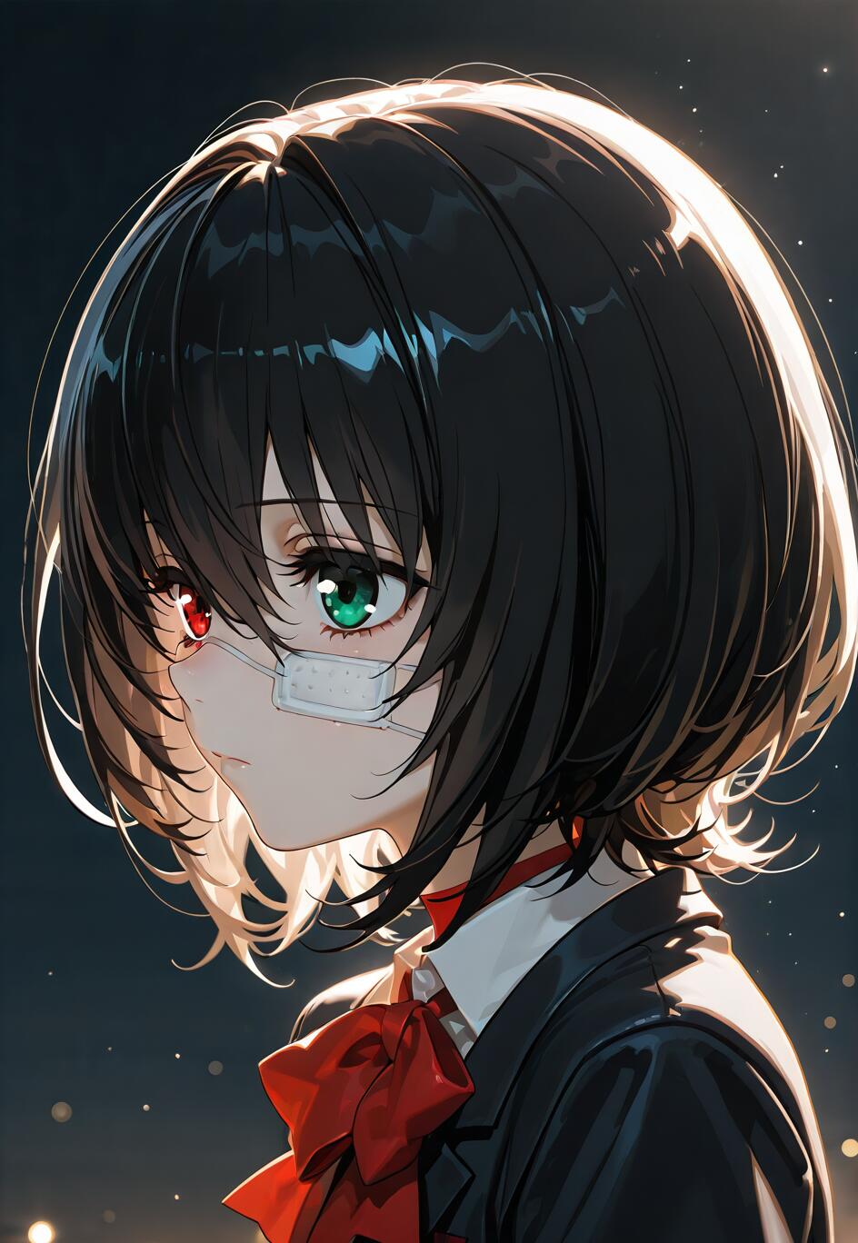 A close-up illustration of Misaki Mei from the anime 'Another', shown in profile. She has short black hair, one red eye and one green eye, and is wearing a school uniform with a large red bow. The background is dark and features soft, glowing lights.