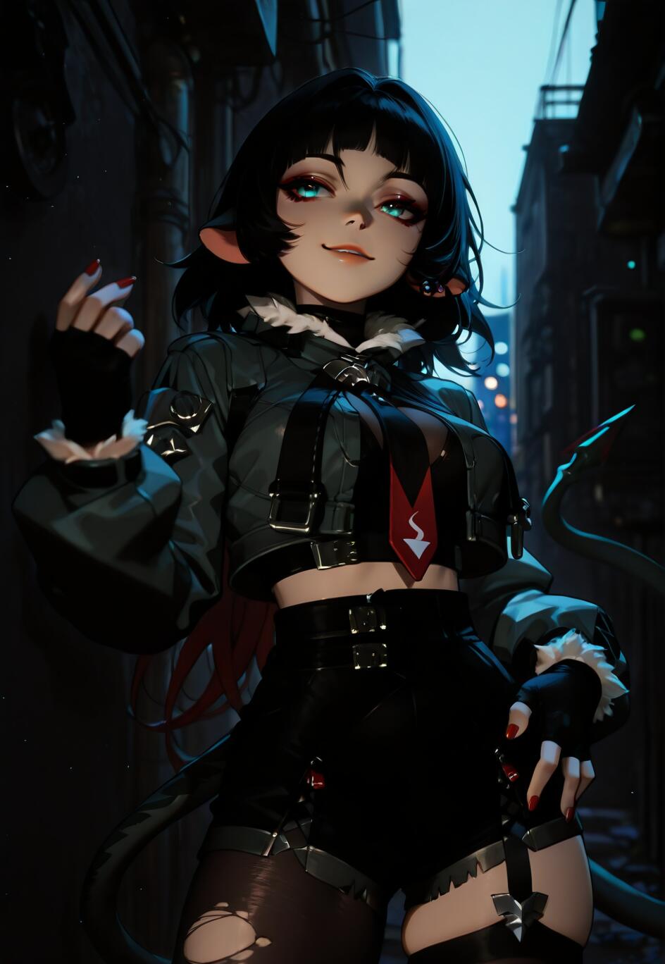 A digital illustration of a young woman with short black hair, cat ears, and a tail, smirking in a dark city alley at night. She wears a green cropped jacket, black shorts, and fingerless gloves.