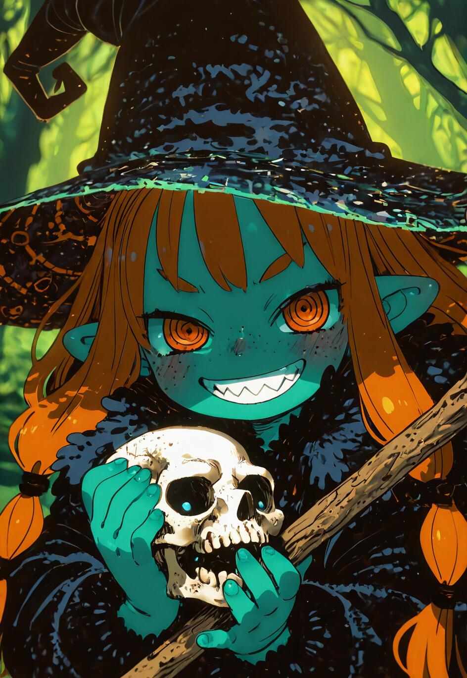 A close-up anime illustration of a young witch with teal-green skin, long orange pigtails, and a large black witch hat. She is grinning widely, showing sharp teeth, and holding a human skull in a green forest setting.