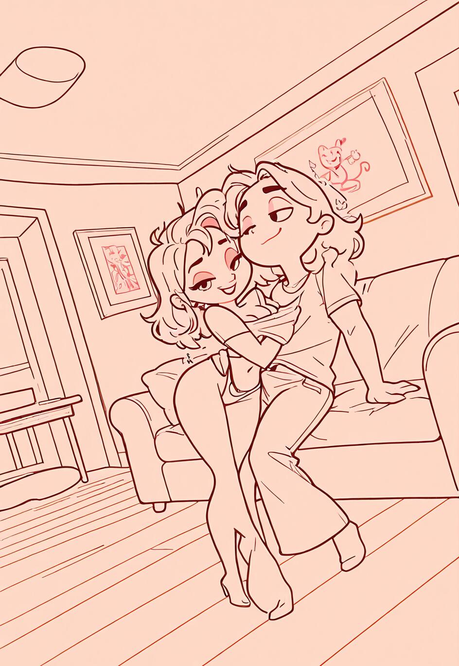 A cartoon-style line drawing of a man and a woman embracing playfully in a living room. The man, sitting on a couch arm, lifts the woman's top as she stands before him, both smiling at each other.