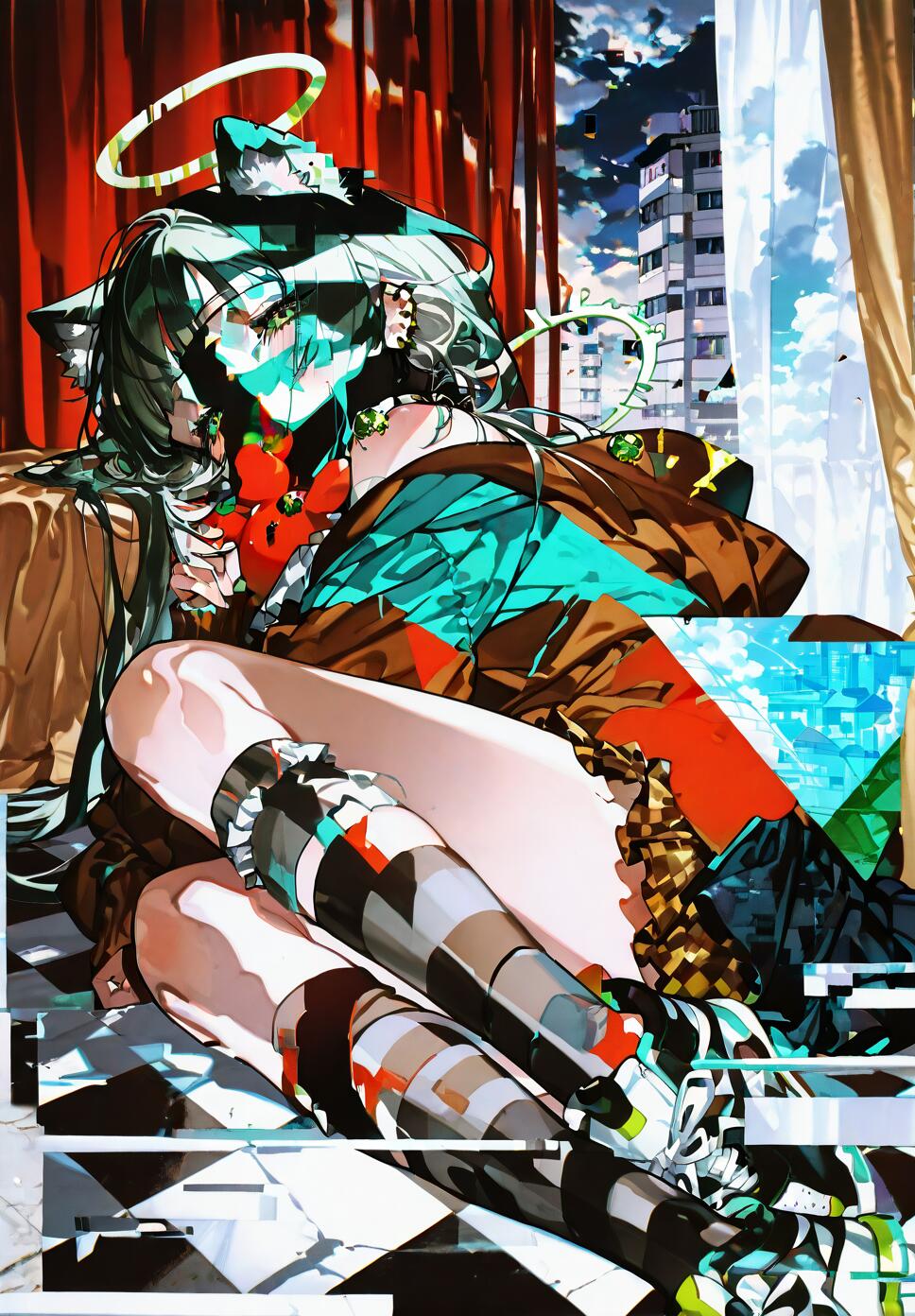 An illustration of Misono Mika from Blue Archive with light green hair and a halo, lying on a checkered floor in a room with a city view. The image has a prominent abstract and glitchy art style.